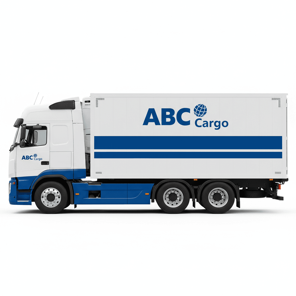 ABC Cargo branded blue and white cargo truck with logo, side profile on clean background