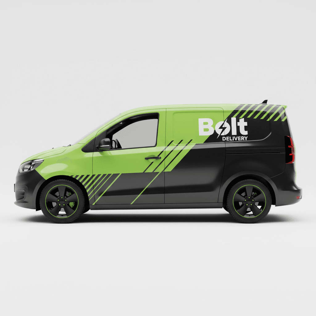 Bolt Delivery branded green and black vehicle with Bolt logo, side profile on clean background