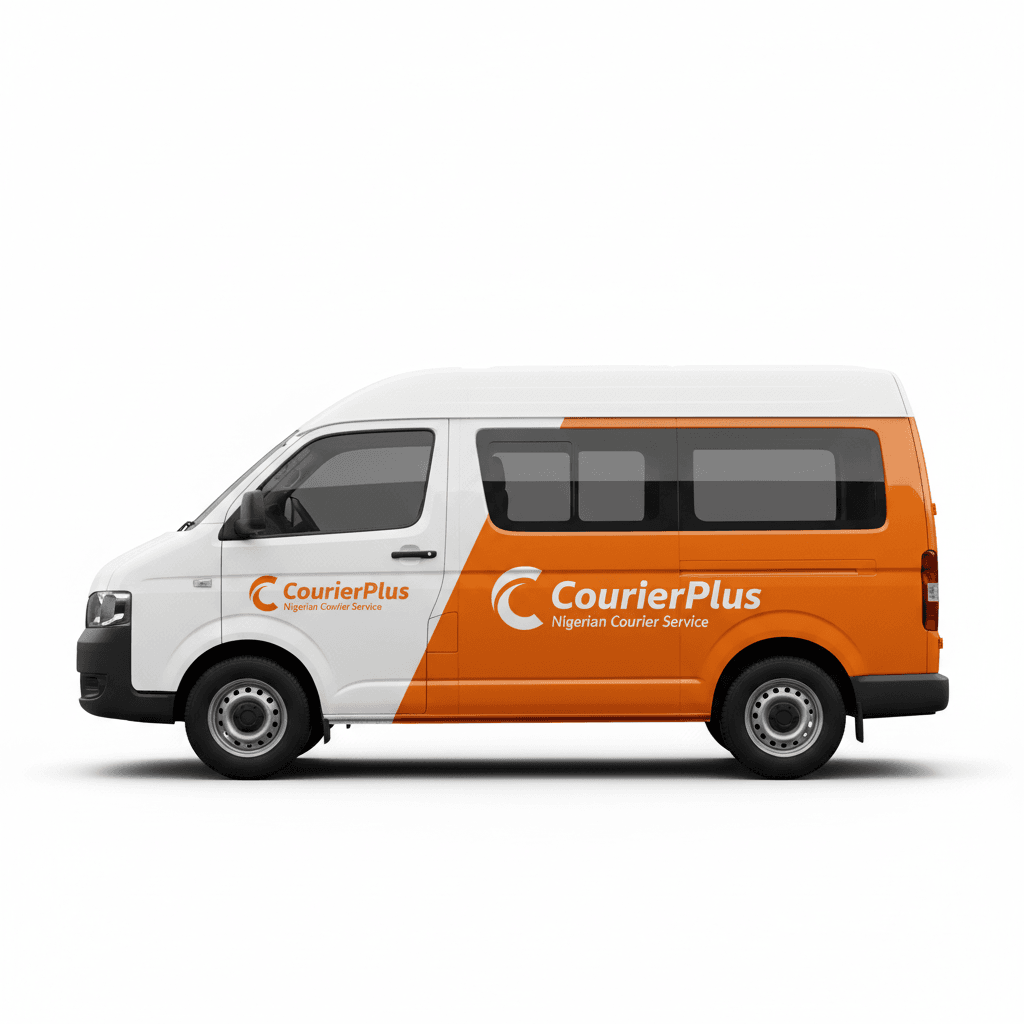 CourierPlus branded orange and white delivery vehicle with CourierPlus logo, clean studio background