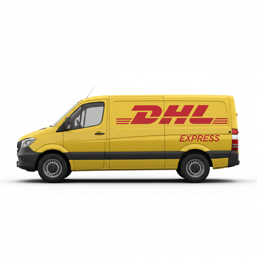 Bright yellow DHL Express delivery van with large red DHL logo on side, clean studio background