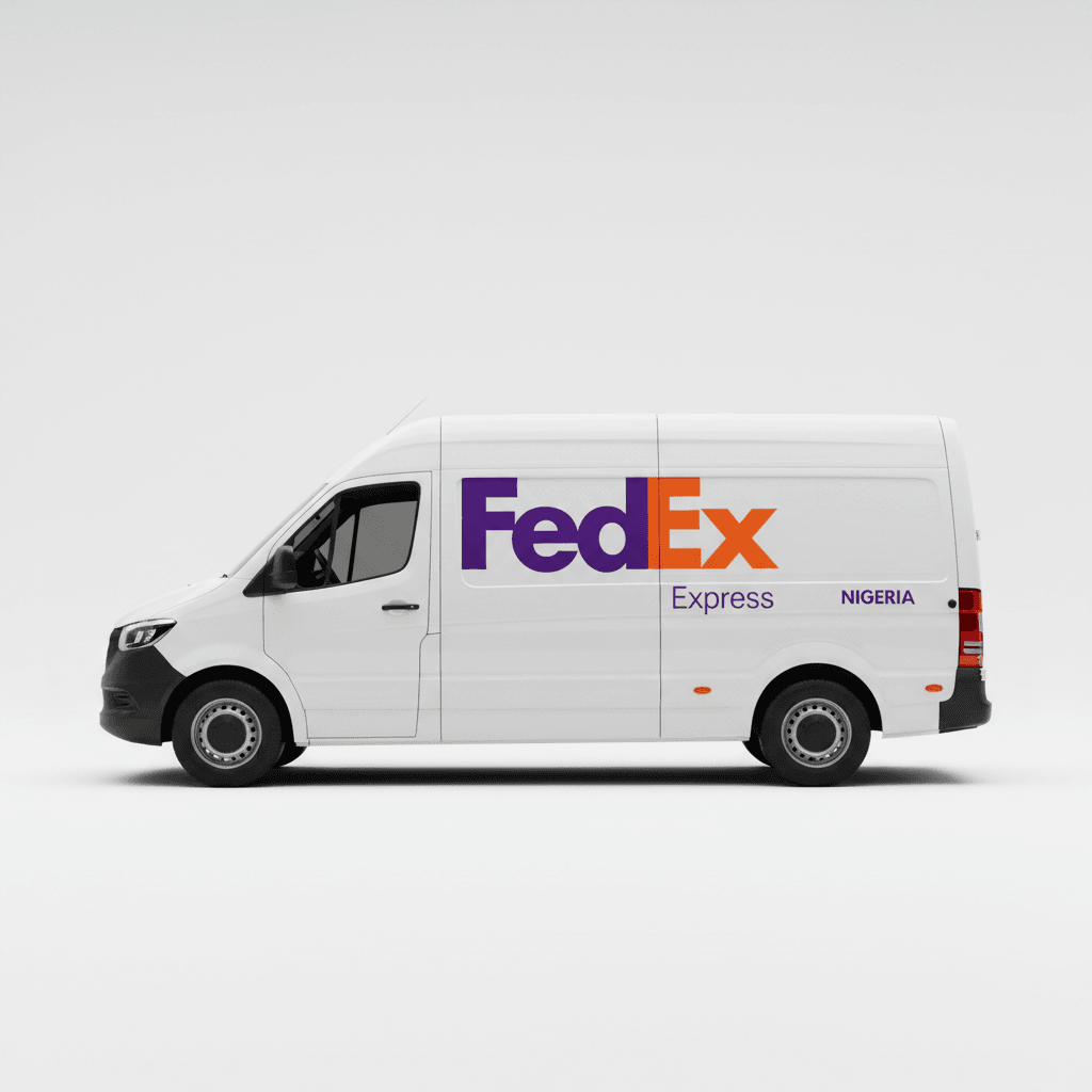 FedEx Nigeria branded purple and orange delivery truck side view on clean background