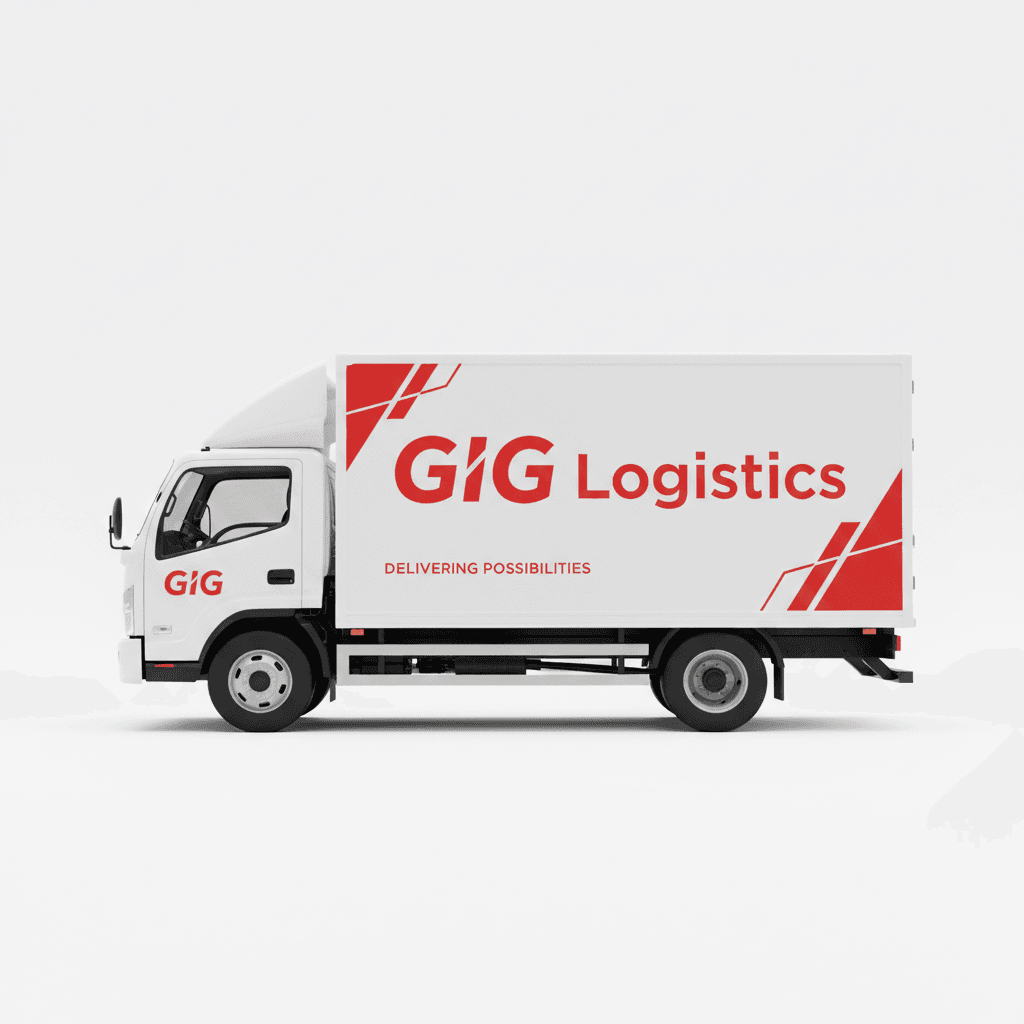 White GIG Logistics branded delivery truck with bold red GIG logo on side, clean studio background