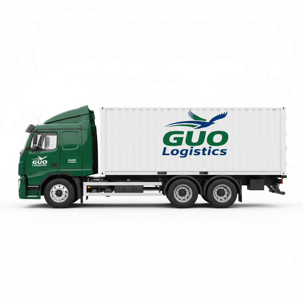 GUO Logistics branded green and white cargo truck with logo, side profile on clean background