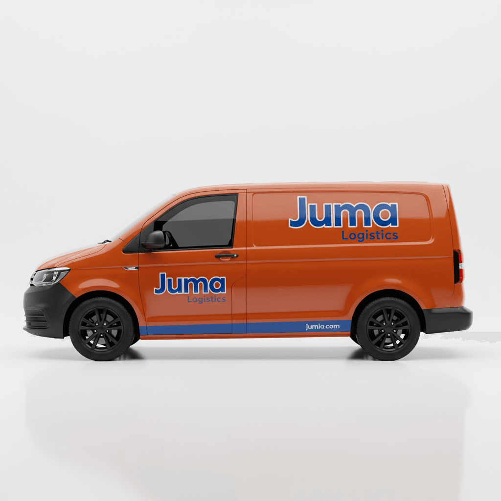 Jumia Logistics branded orange delivery van with Jumia logo, side profile on clean background