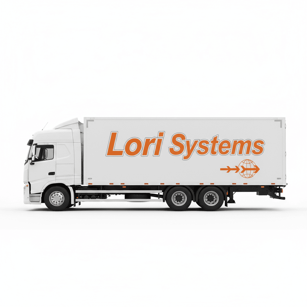 Lori Systems branded heavy-duty freight truck in orange and white, side profile on clean background
