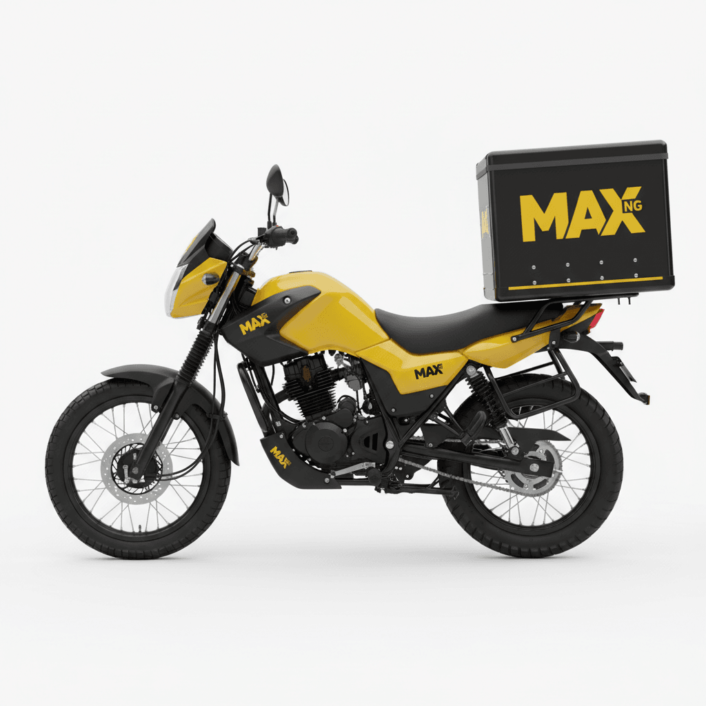 Max.ng branded yellow and black delivery motorcycle with MAX logo, side profile on clean background