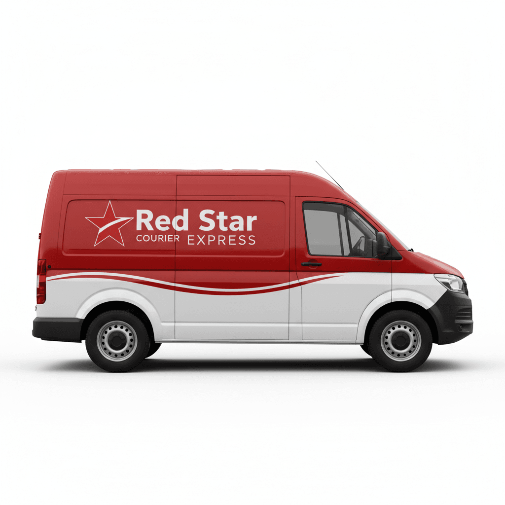 Red Star Express branded red and white delivery van with logo, side profile on clean background