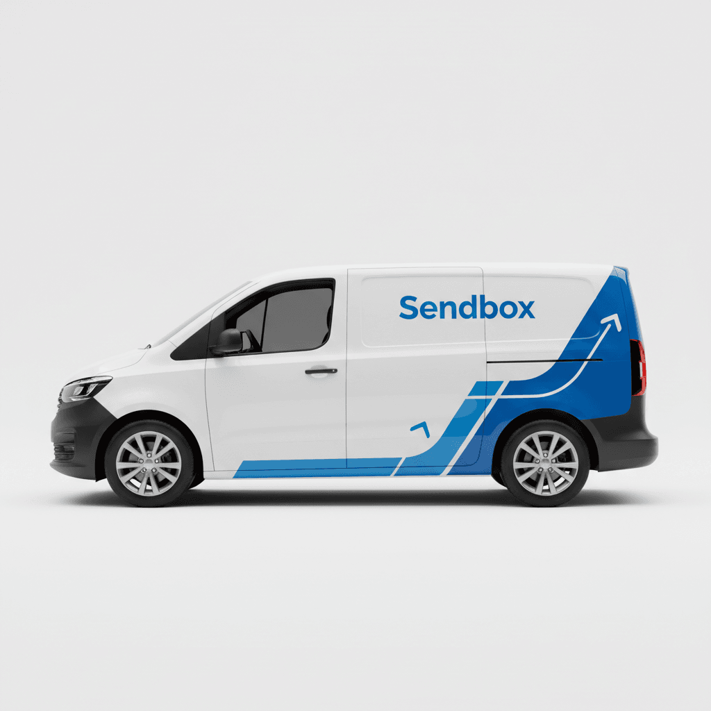 Sendbox branded white delivery van with blue logo, side profile on clean background