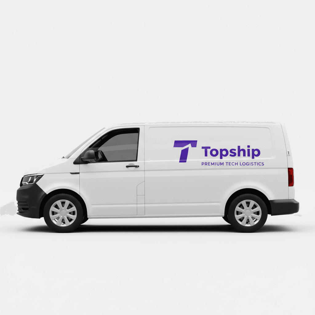 Modern white Topship branded delivery van with purple Topship logo on side, clean studio background