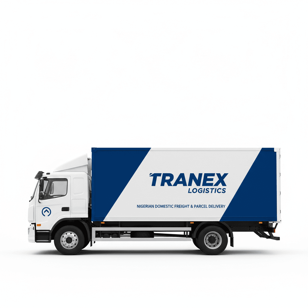 Tranex logistics branded blue and white delivery truck with Tranex logo on side, clean studio background