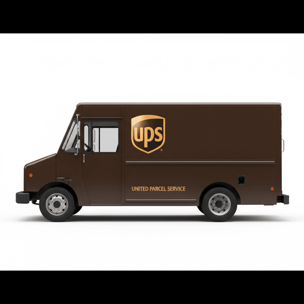 Brown UPS delivery truck with gold UPS shield logo prominently on side, clean studio background